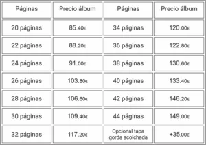 Tabla de precios para álbumes digitales 29x29cm.