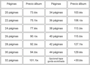 Tabla de precios para álbumes digitales A4 vertical.