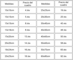 Tabla de precios para cuadros PVC autoadhesivos.