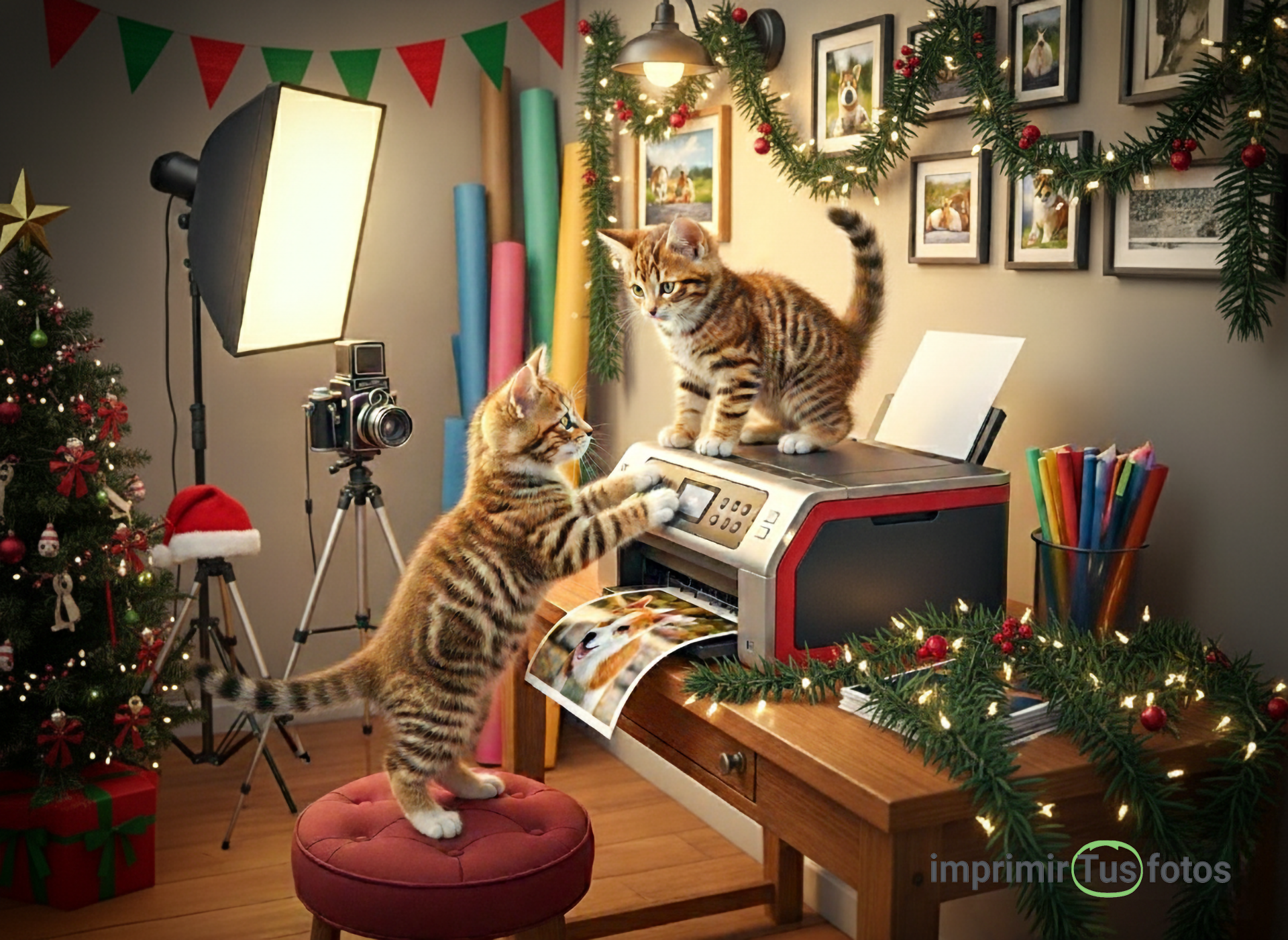 Dos gatitos imprimiendo fotos en un estudio de fotografía adornado para Navidad.