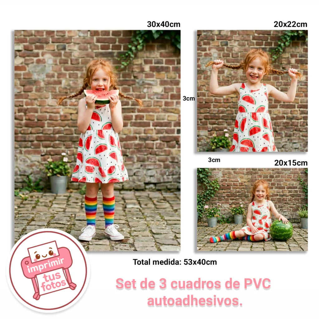 Young girl in a watermelon-print dress bites a watermelon slice, standing outdoors against a brick wall; part of a three-piece PVC wall art set.