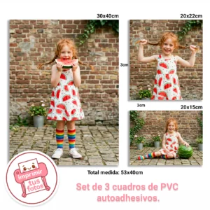Young girl in a watermelon-print dress bites a watermelon slice, standing outdoors against a brick wall; part of a three-piece PVC wall art set.