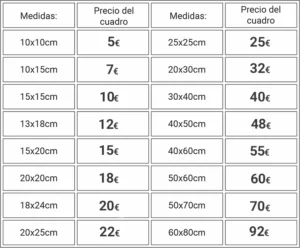 Table of frame sizes and prices: left column shows measures like 10x10 cm, 10x15 cm, up to 20x25 cm; corresponding prices range from 5€ to 22€. Right column shows larger measures (25x25 cm to 60x80 cm) with prices from 25€ to 92€.
