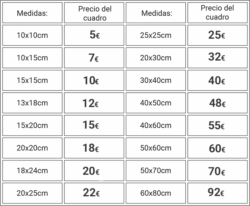 Table of frame sizes and prices: left column shows measures like 10x10 cm, 10x15 cm, up to 20x25 cm; corresponding prices range from 5€ to 22€. Right column shows larger measures (25x25 cm to 60x80 cm) with prices from 25€ to 92€.