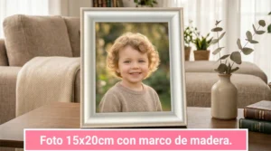 Framed photo of a smiling toddler on a wooden coffee table in a bright living room; pink banner below reads 'Foto 15x20cm con marco de madera'.