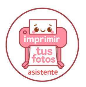 Circular logo featuring a pink printer mascot with a smiling face, holding a photo that says 'tus fotos' and the word 'asistente' beneath, and 'imprimir' above the photo.